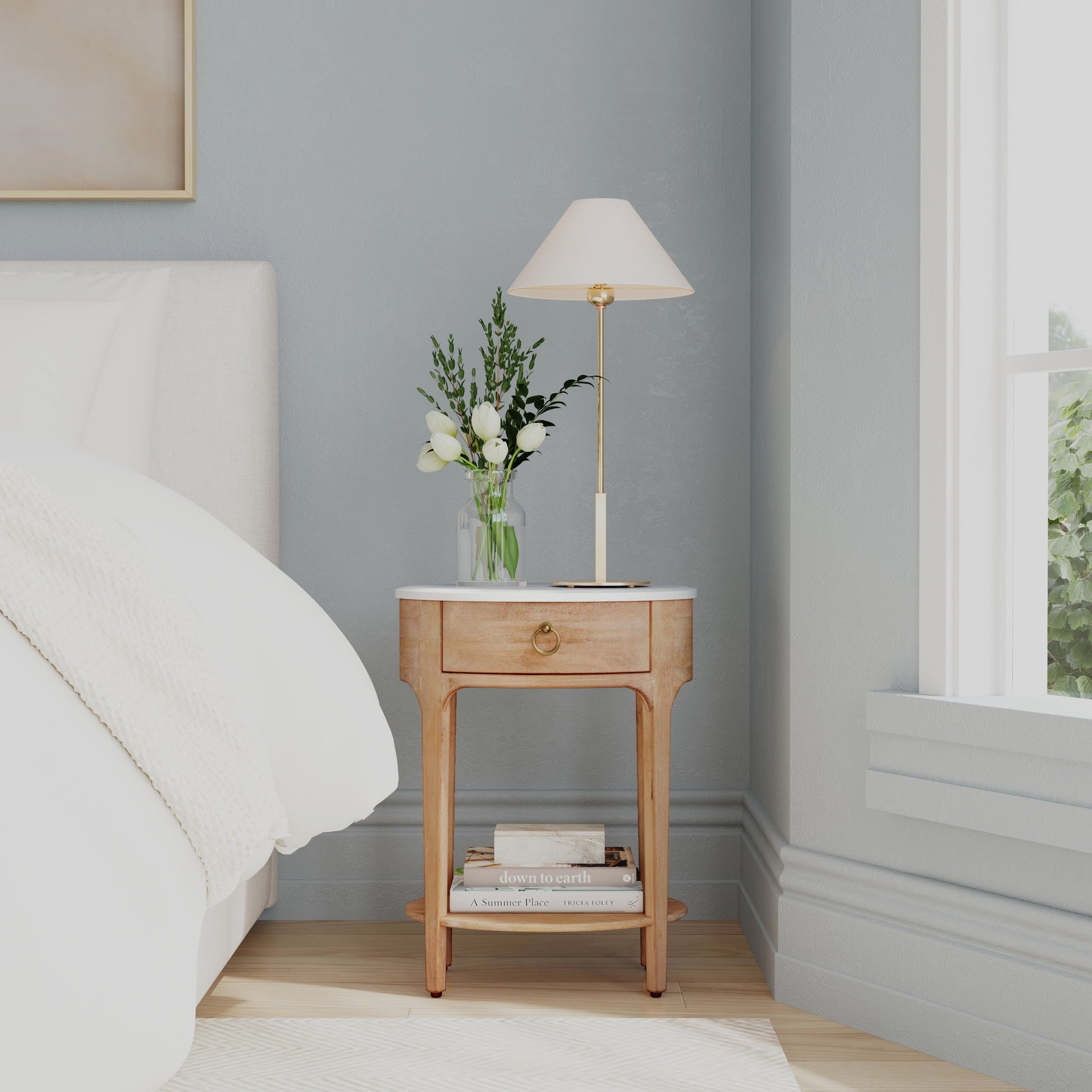 Butler Specialty Company Ellen 18.25 in. W Oval Marble and Wood 1 Drawer Nightstand, Natural