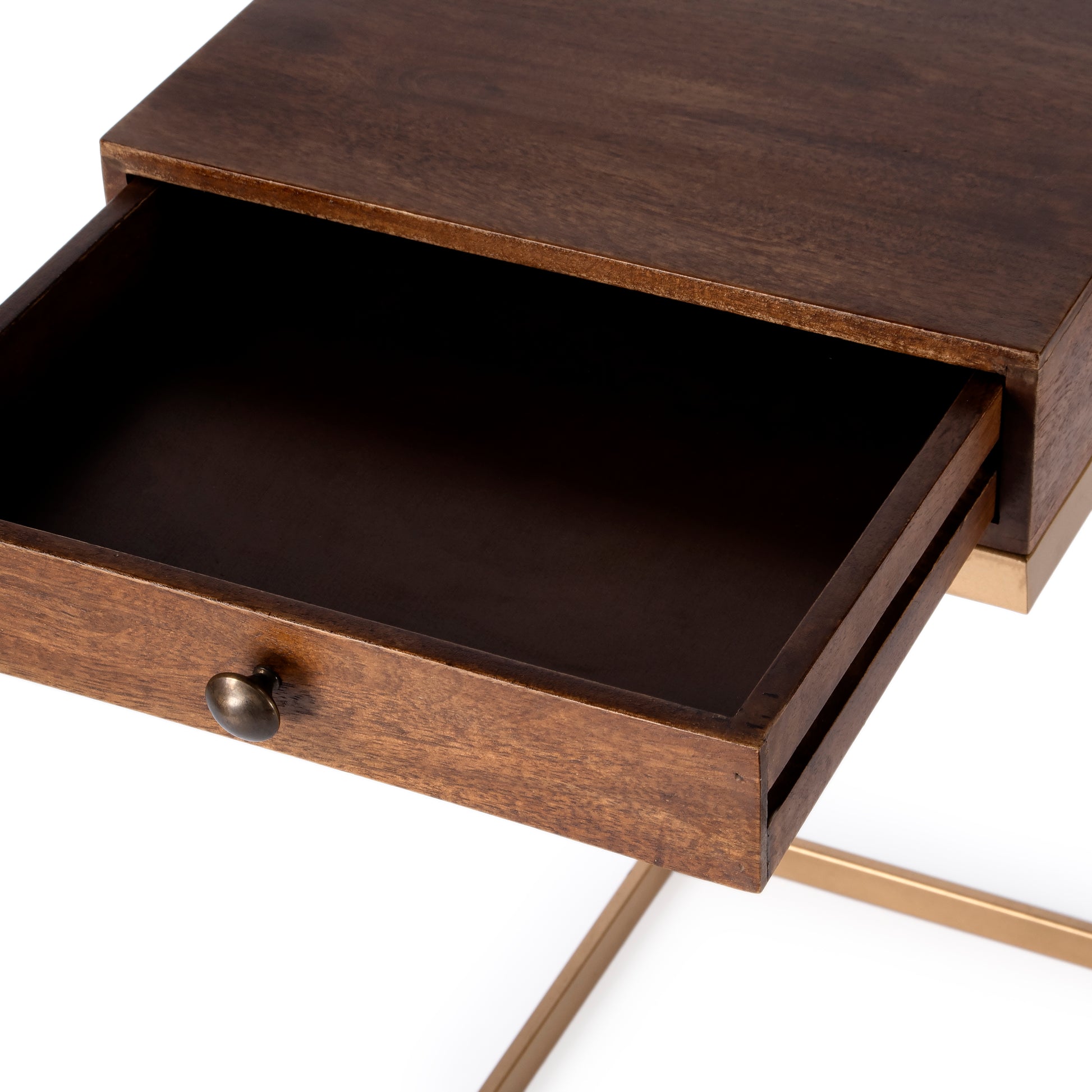 Butler Specialty Company Alec 13.75 in. W Rectangular Wood and Metal 1 Drawer C-Shaped End Table, Medium Brown