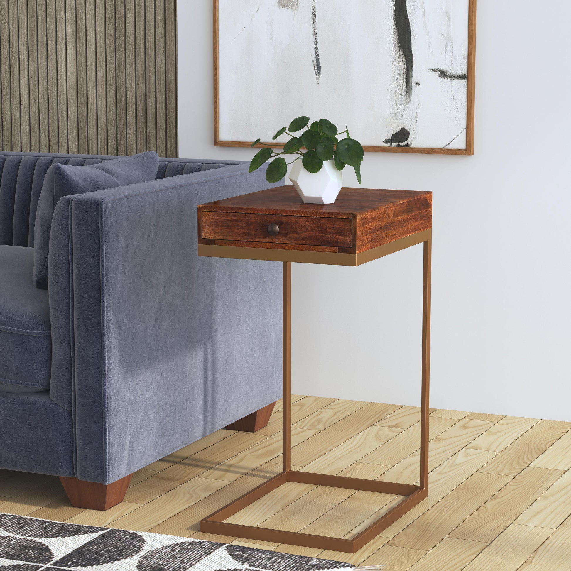 Butler Specialty Company Alec 13.75 in. W Rectangular Wood and Metal 1 Drawer C-Shaped End Table, Medium Brown
