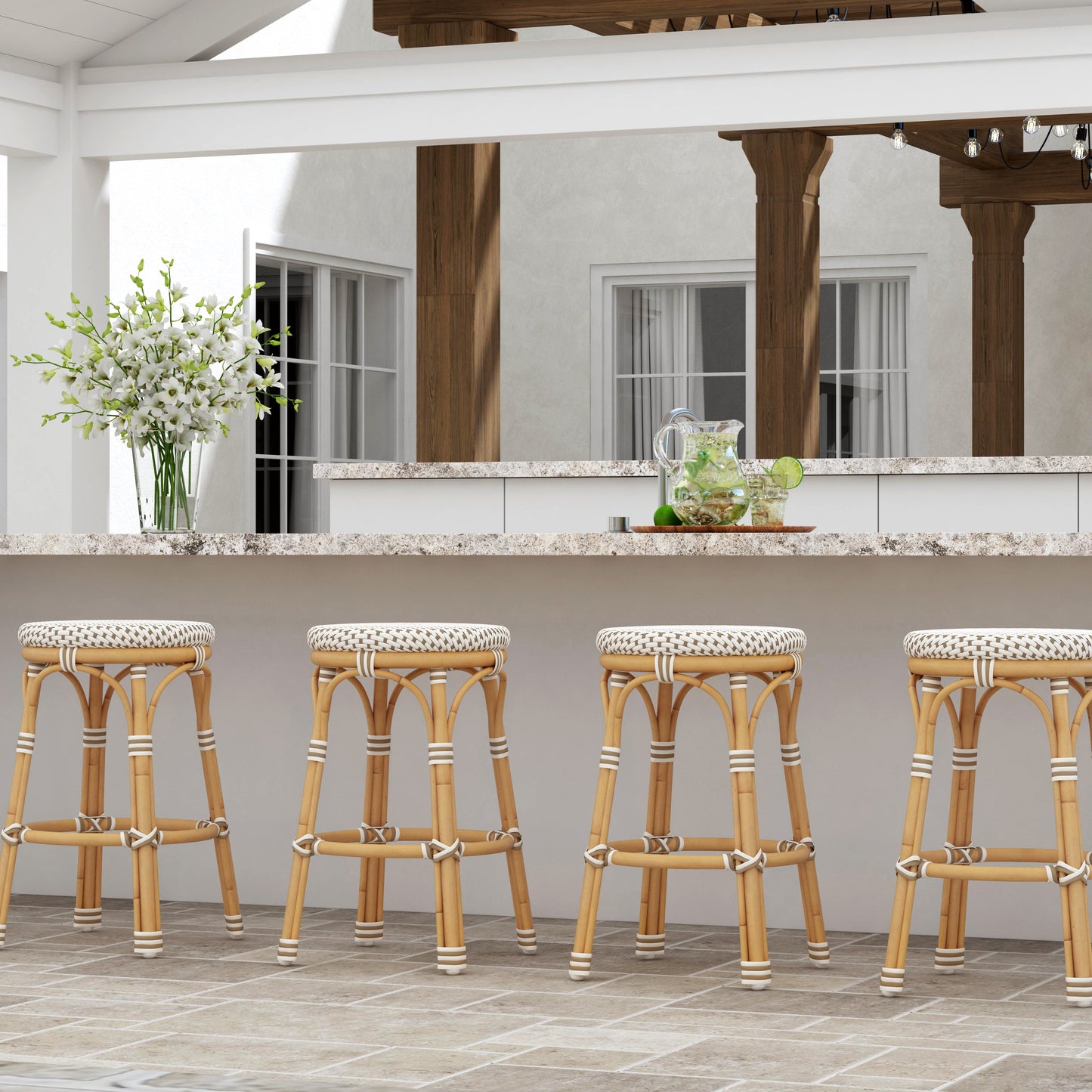 Tobias Outdoor Rattan and Metal Low Back Backless Counter Stool