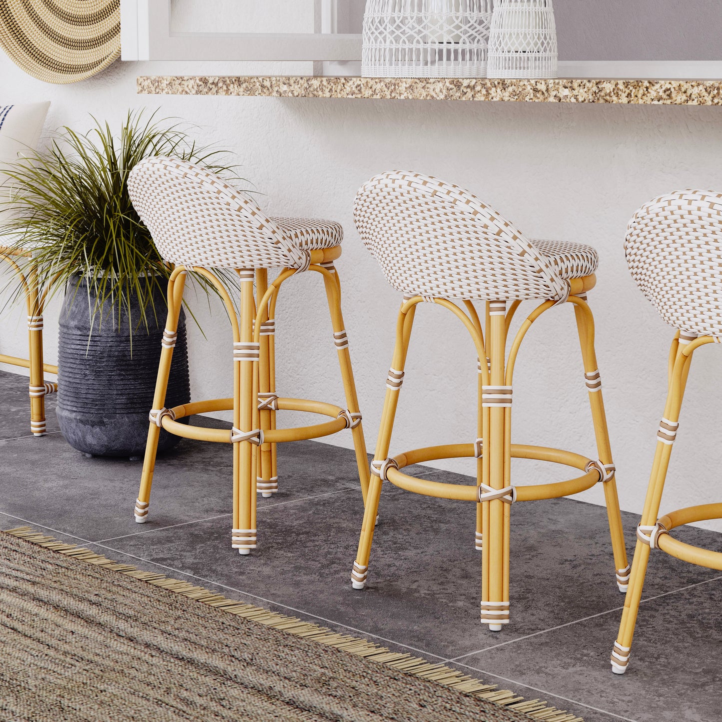 Tobias Outdoor Rattan and Metal Low Back Counter stool in Beige and White 5649433