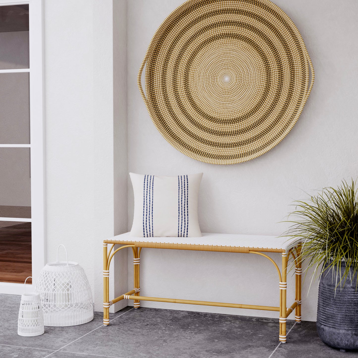 Tobias Outdoor Rattan and Rectangular Dining Bench in Beige and White 5650433