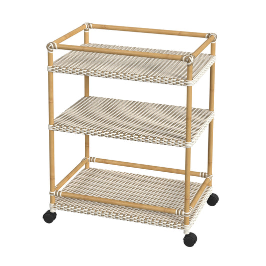 Tobias Outdoor Rattan and Metal 3- Tier Rattan Bar Cart in Beige and White 5651433