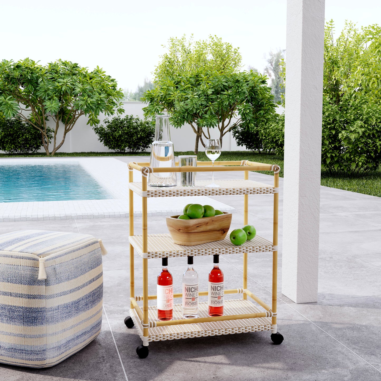 Tobias Outdoor Rattan and Metal 3- Tier Rattan Bar Cart in Beige and White 5651433