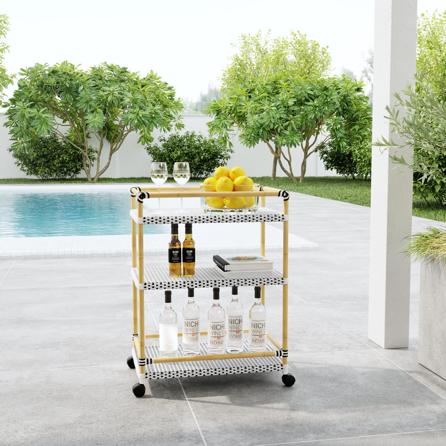 Tobias Outdoor 3- Tier Rattan and Metal Bar Cart in Black,Black and White,White,White and Black 5651434
