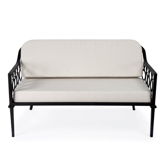 Southport Iron Upholstered Outdoor Loveseat in Black 5660437
