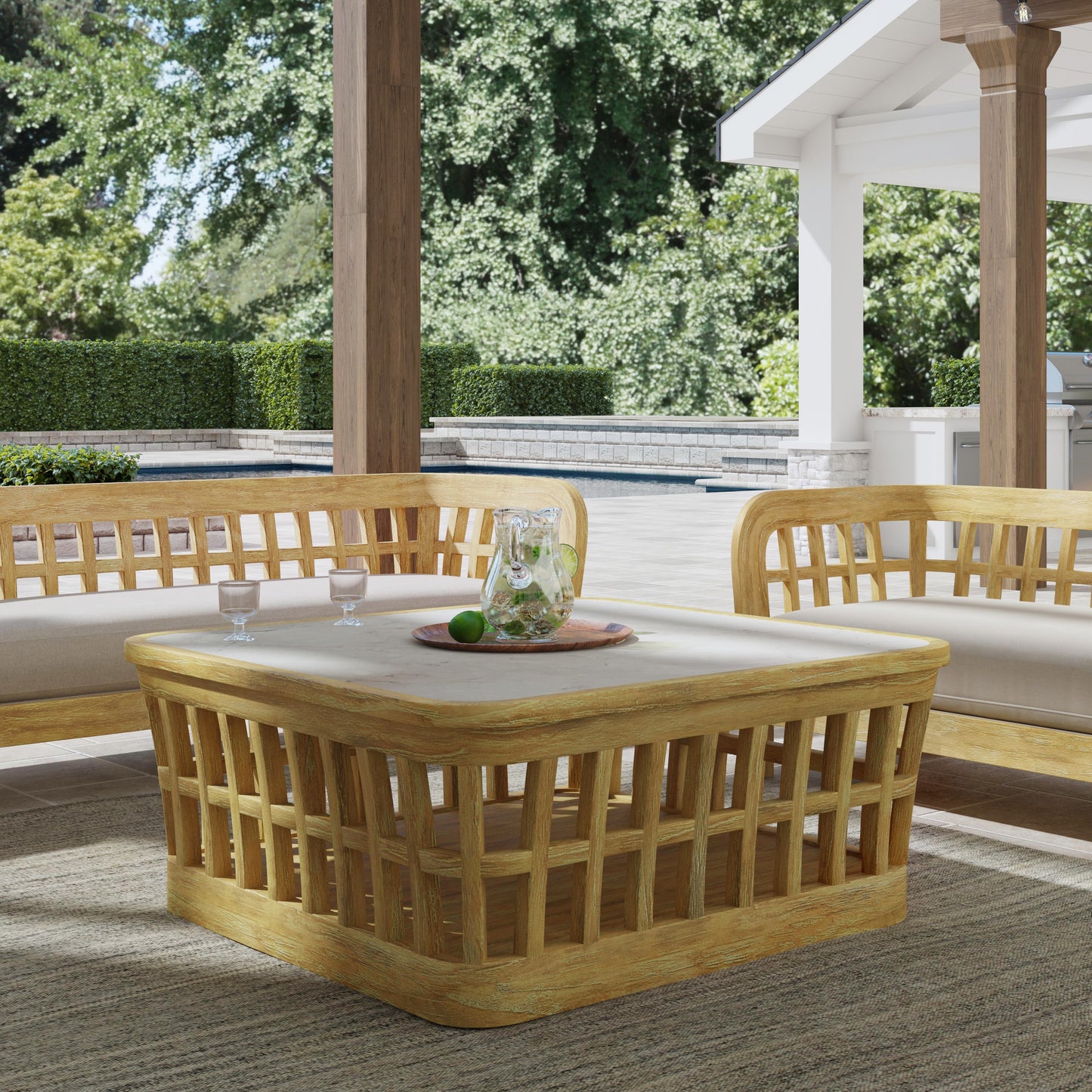 Butler Specialty Company Monhegan Outdoor 42.25 in. W Teak and Marble Coffee Table, Light Brown