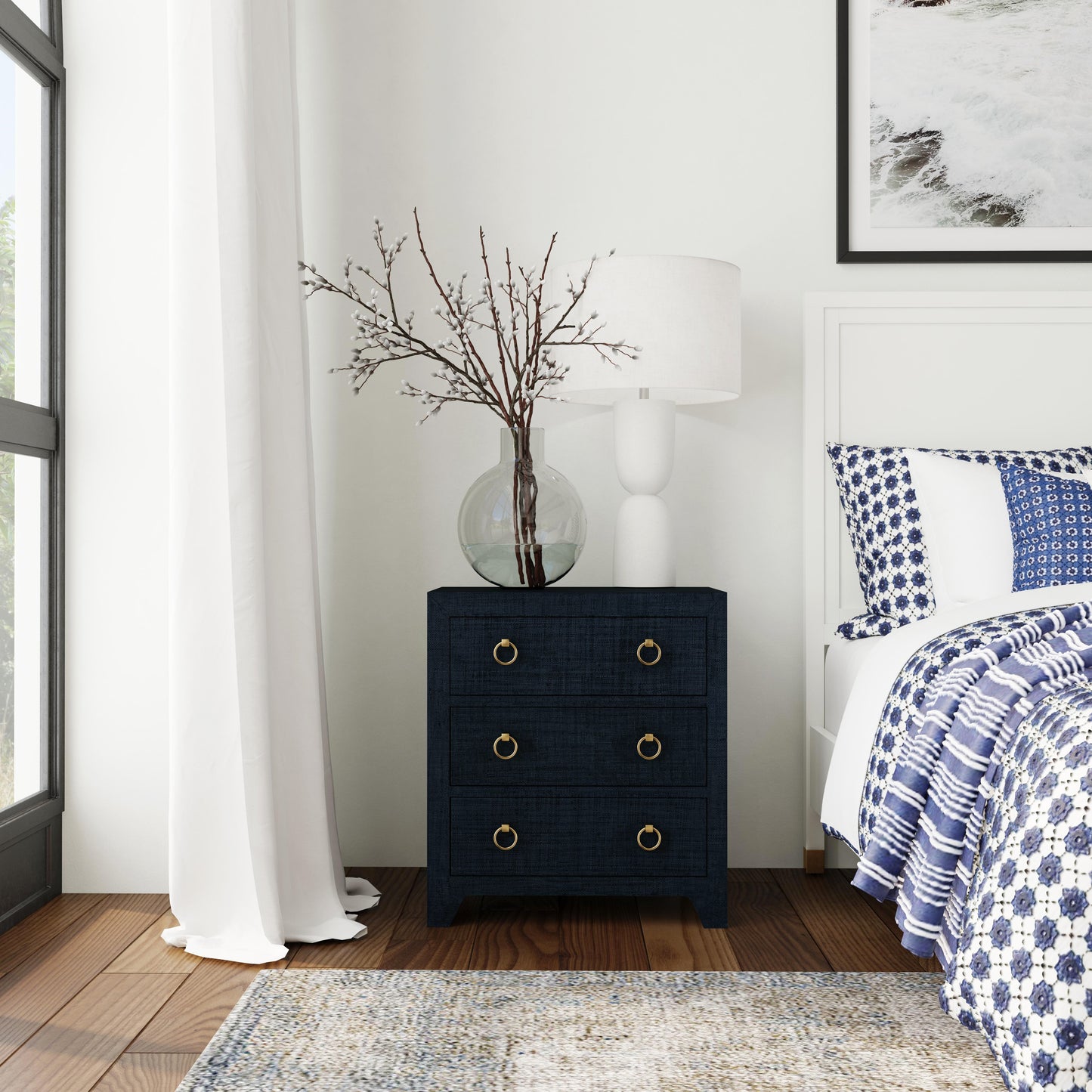 Bar Harbor Raffia 3 Drawer Nightstand in Navy Blue 5667410