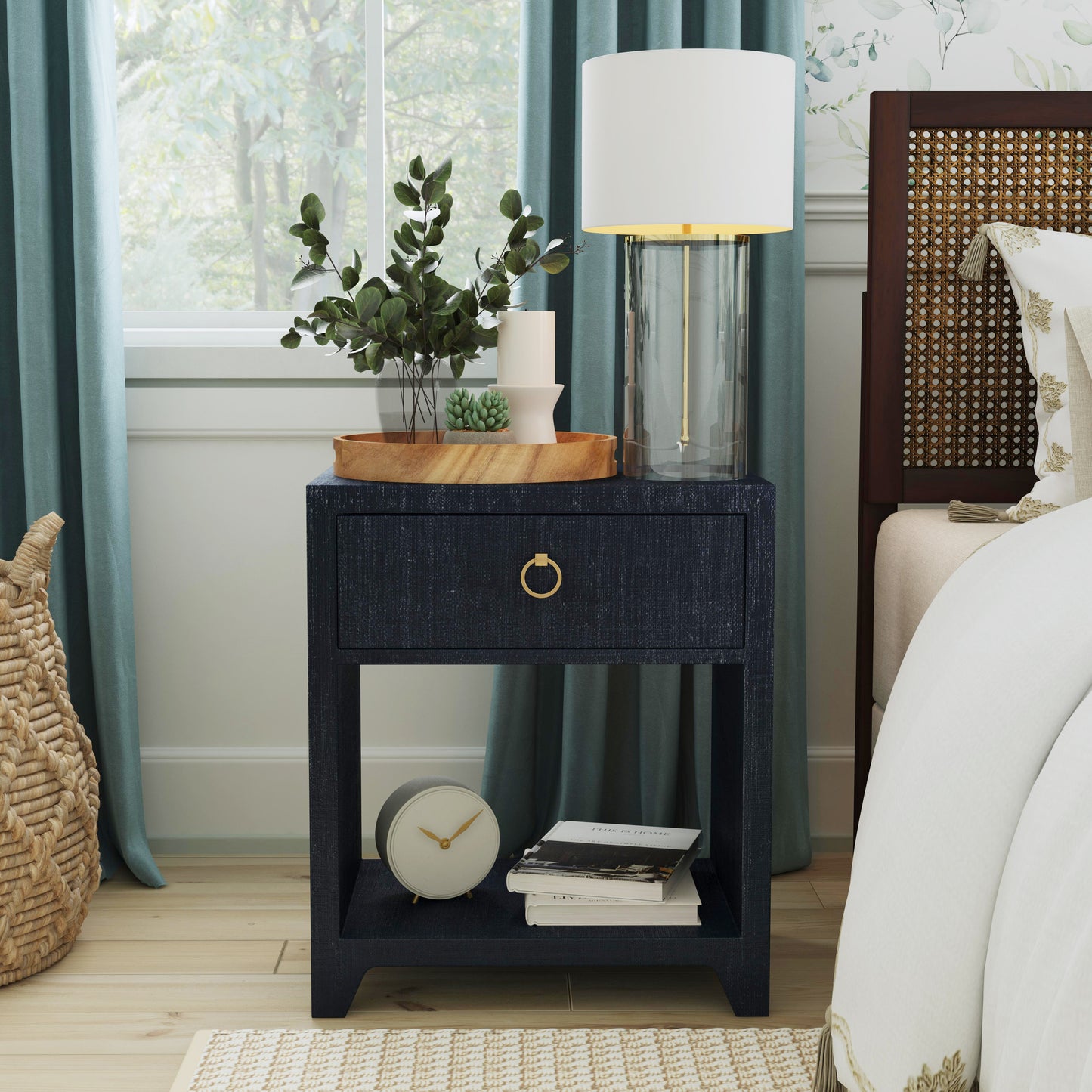 Bar Harbor Raffia 1 Drawer Nightstand in Navy Blue 5669410