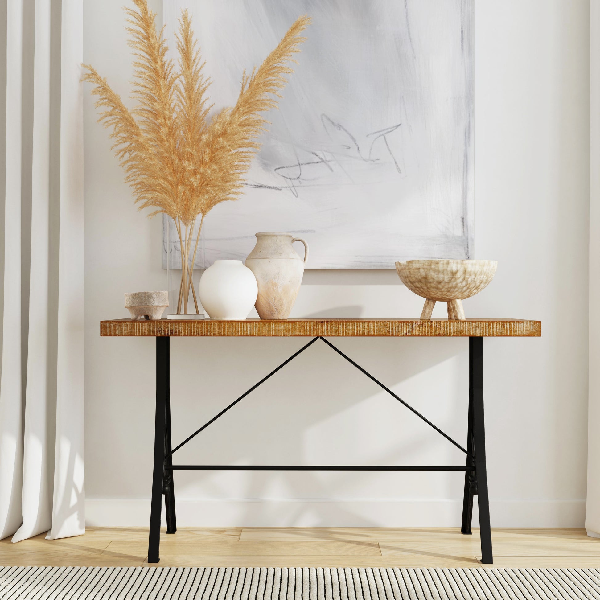 Butler Specialty Company Croyden 56 in. W Rectangular Wood and Iron Trestle Console Table, Medium Brown