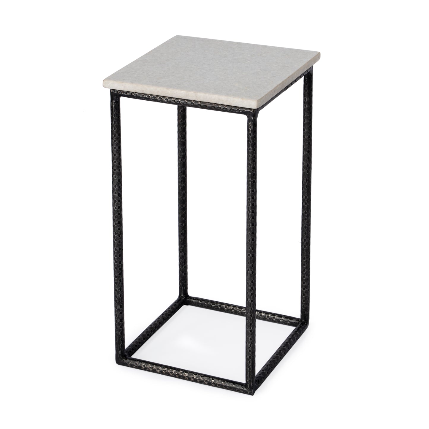 Mabel Marble and Hammered Iron Side Table in White and Black 5688389