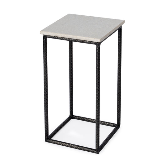 Mabel Marble and Hammered Iron Side Table in White and Black 5688389