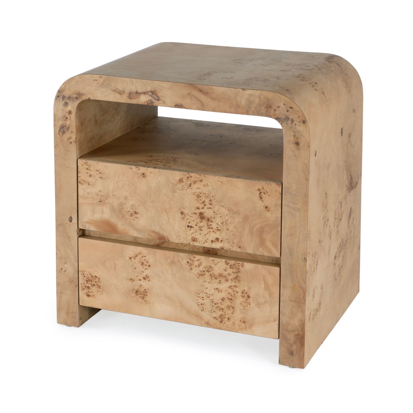 Butler Specialty Company Cora 26 in. W Rectangular Waterfall Edge Wood 2 Drawer Nightstand with Top Open Shelf, Light Brown