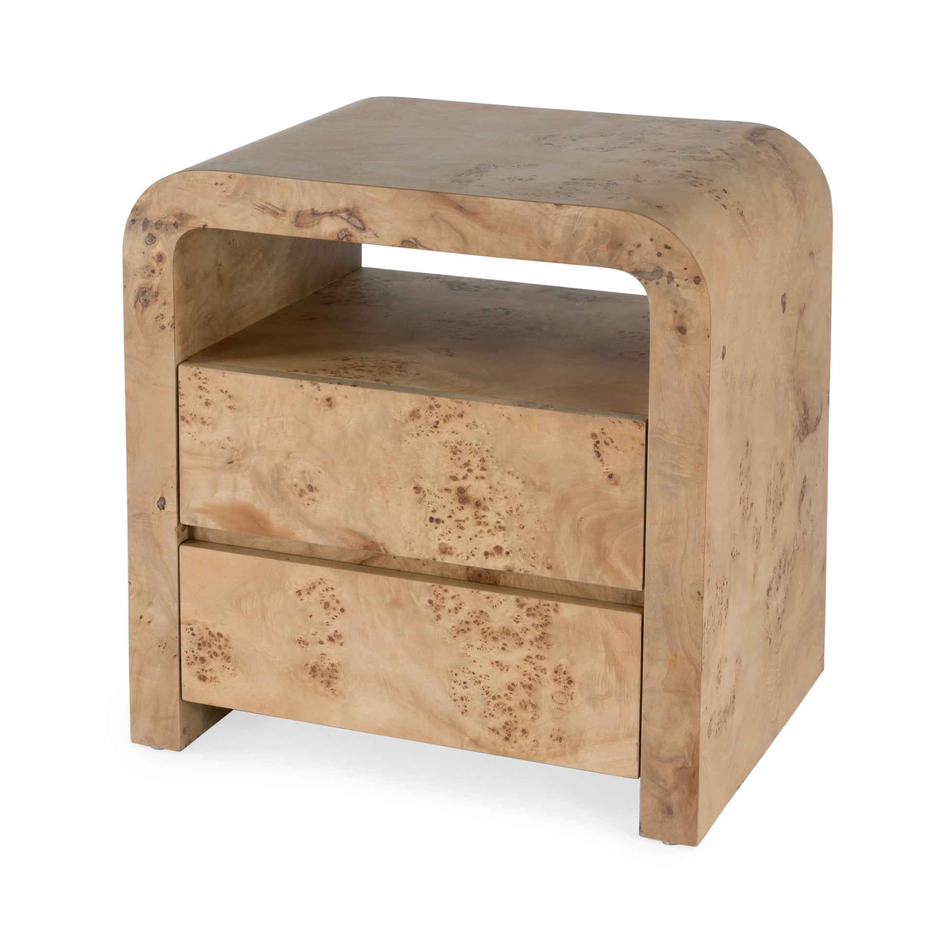 Butler Specialty Company Cora 26 in. W Rectangular Waterfall Edge Wood 2 Drawer Nightstand with Top Open Shelf, Light Brown