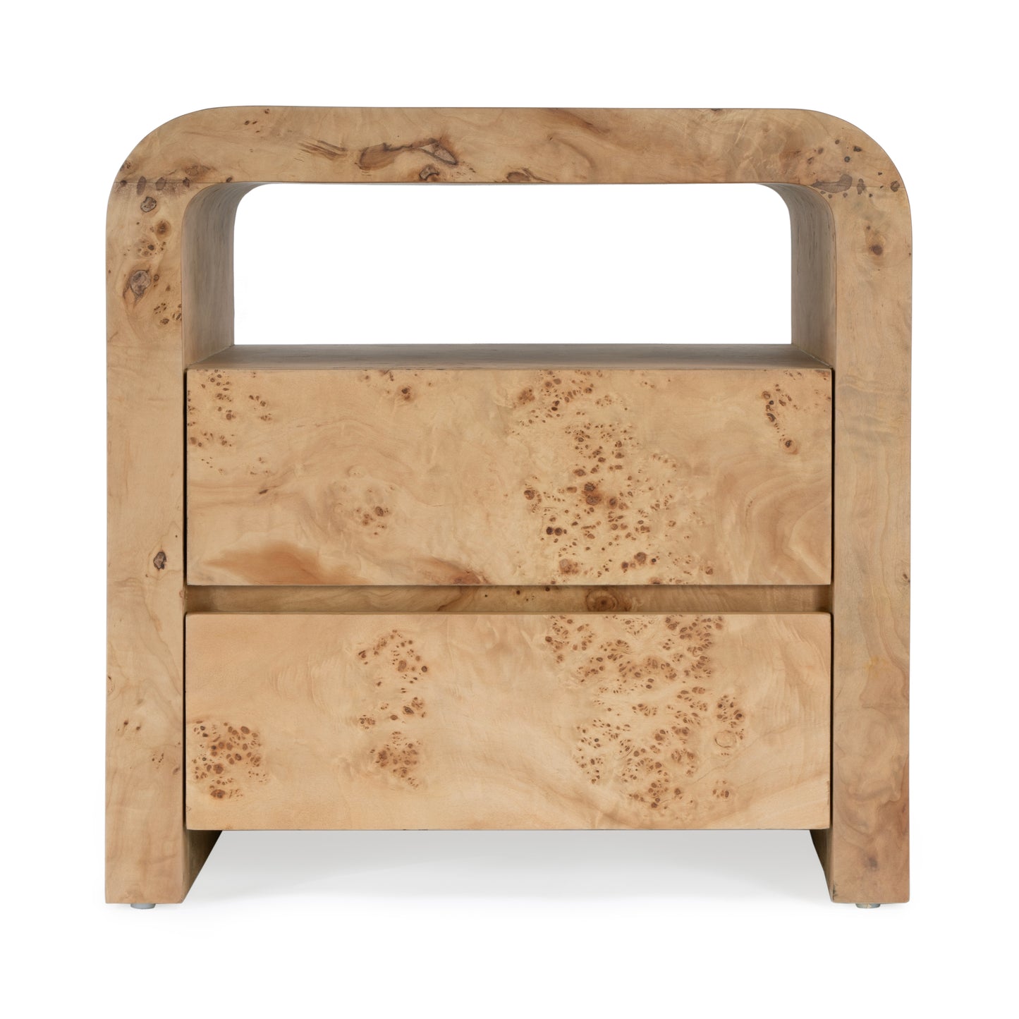 Butler Specialty Company Cora 26 in. W Rectangular Waterfall Edge Wood 2 Drawer Nightstand with Top Open Shelf, Light Brown
