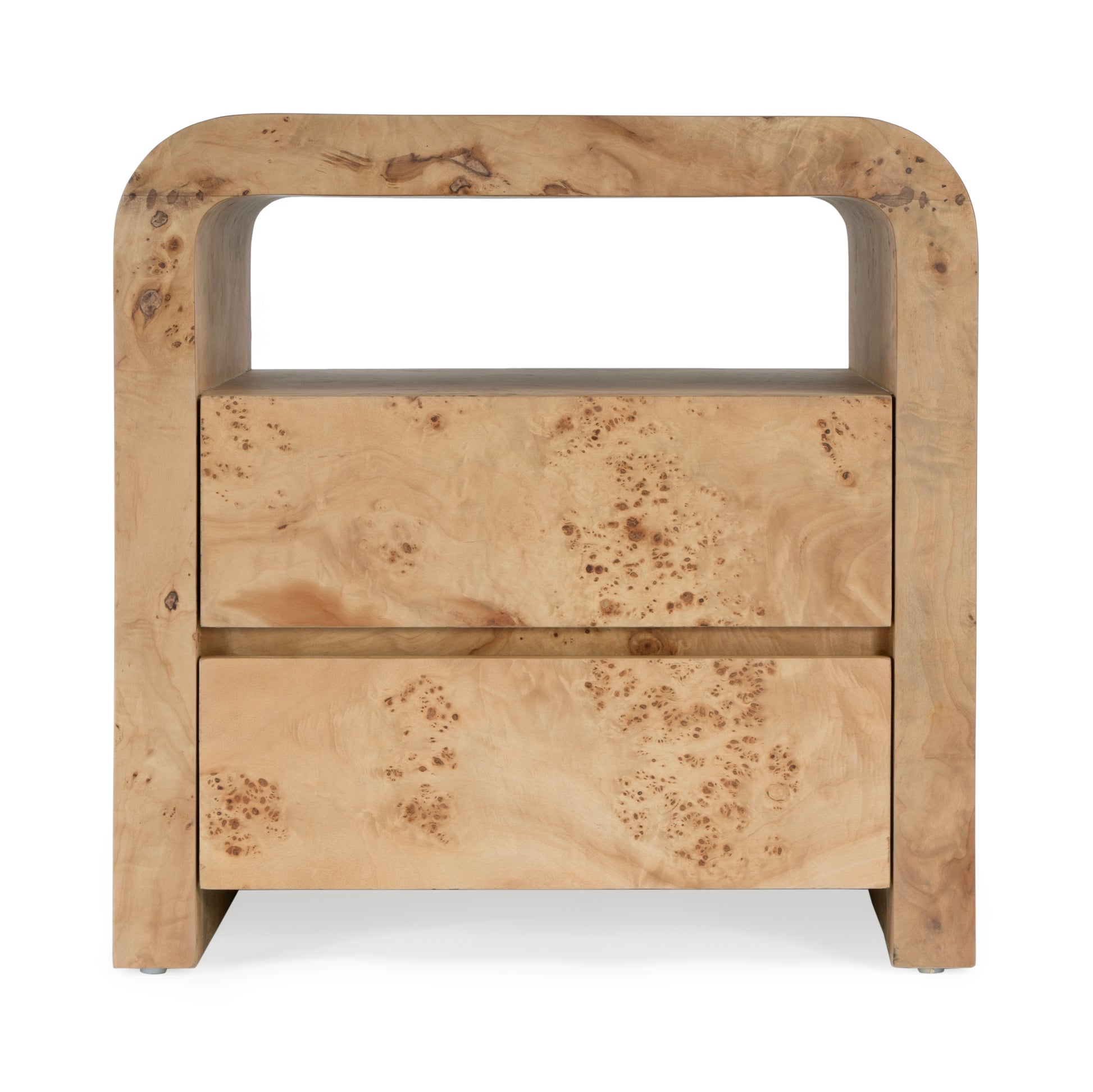Butler Specialty Company Cora 26 in. W Rectangular Waterfall Edge Wood 2 Drawer Nightstand with Top Open Shelf, Light Brown