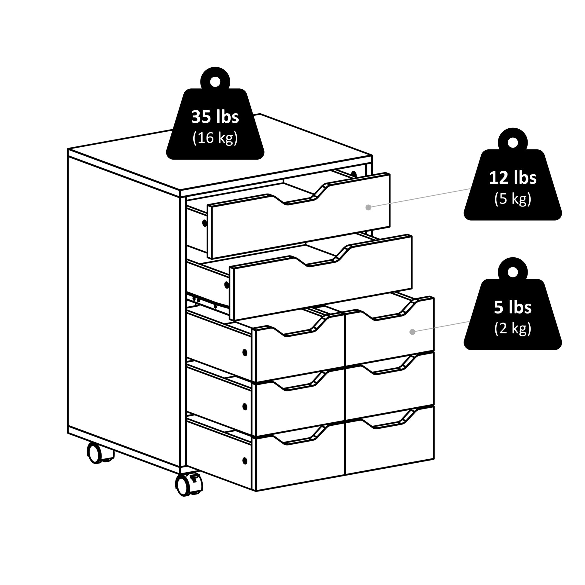 Norfolk 6 Bins, 2 Drawer Mobile Cabinet, Black Finish
