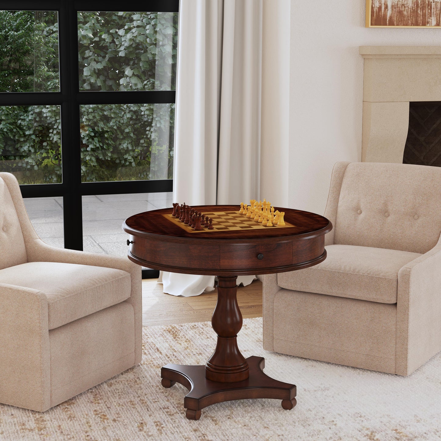 Butler Specialty Company Fredrik 34 in. W Round Wood Pedestal Base Game table, Medium Brown