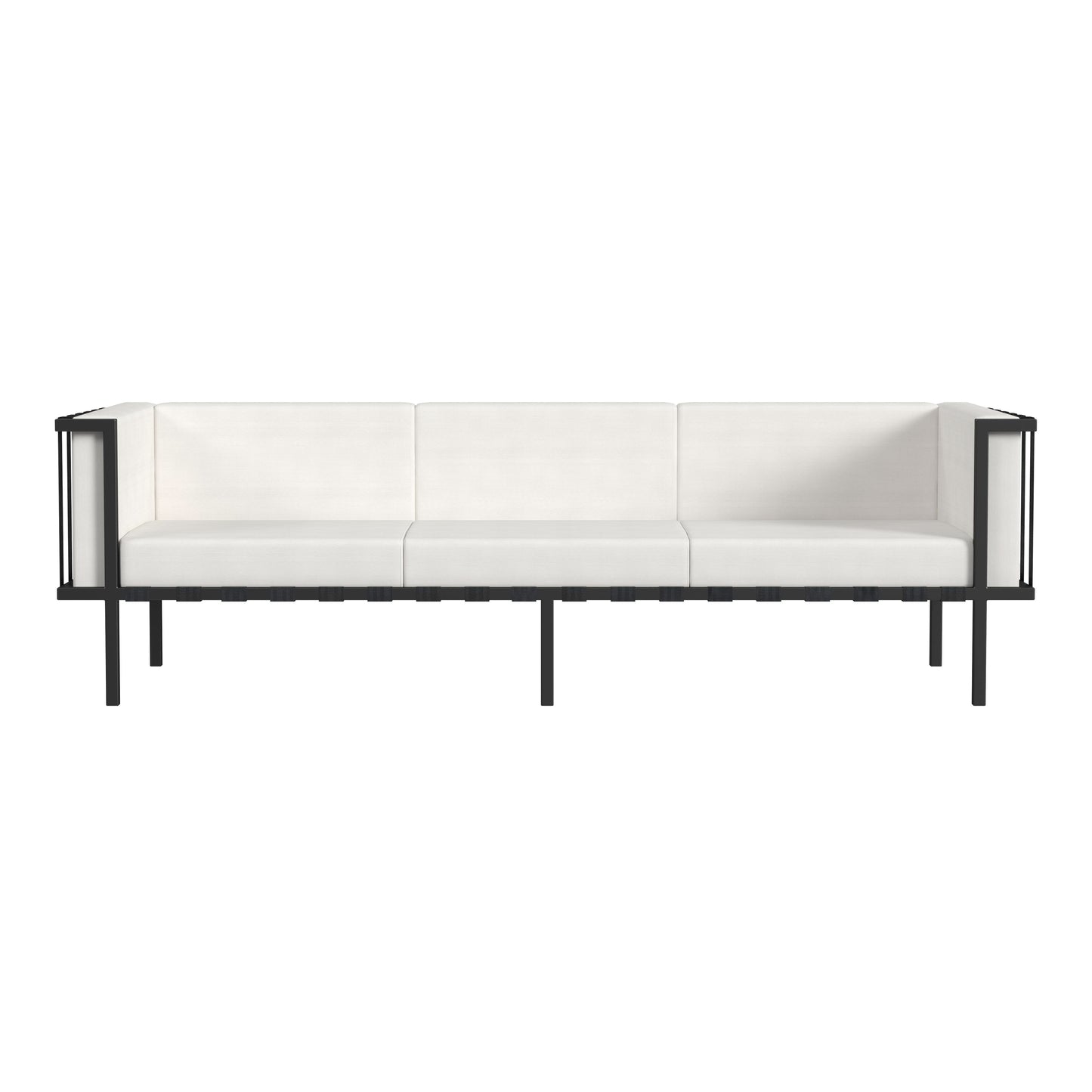 Butler Specialty Company Norway Outdoor 76.5 in. W Rectangular Upholstered and Metal Patio Sofa with Cushions, Black and White