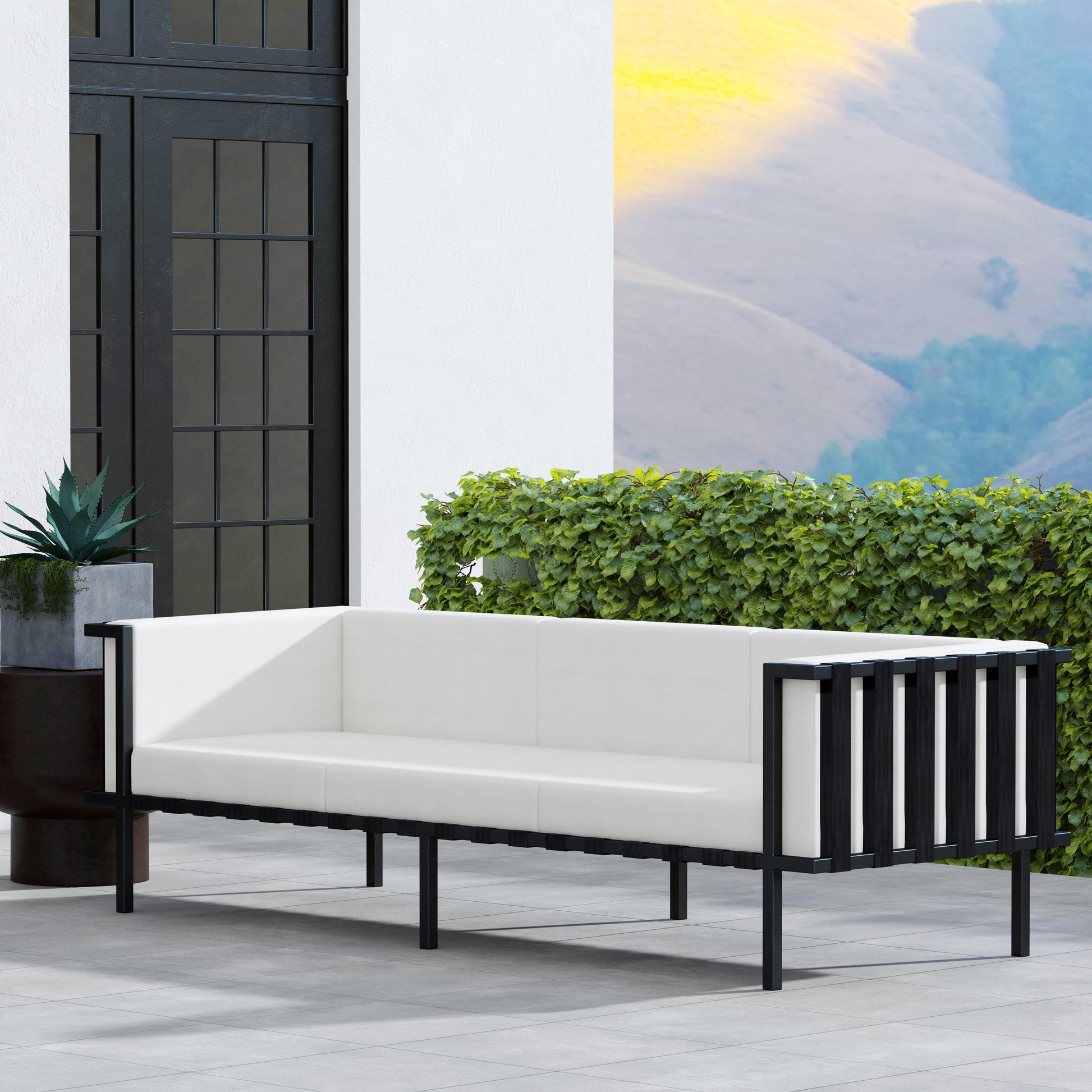 Butler Specialty Company Norway Outdoor 76.5 in. W Rectangular Upholstered and Metal Patio Sofa with Cushions, Black and White