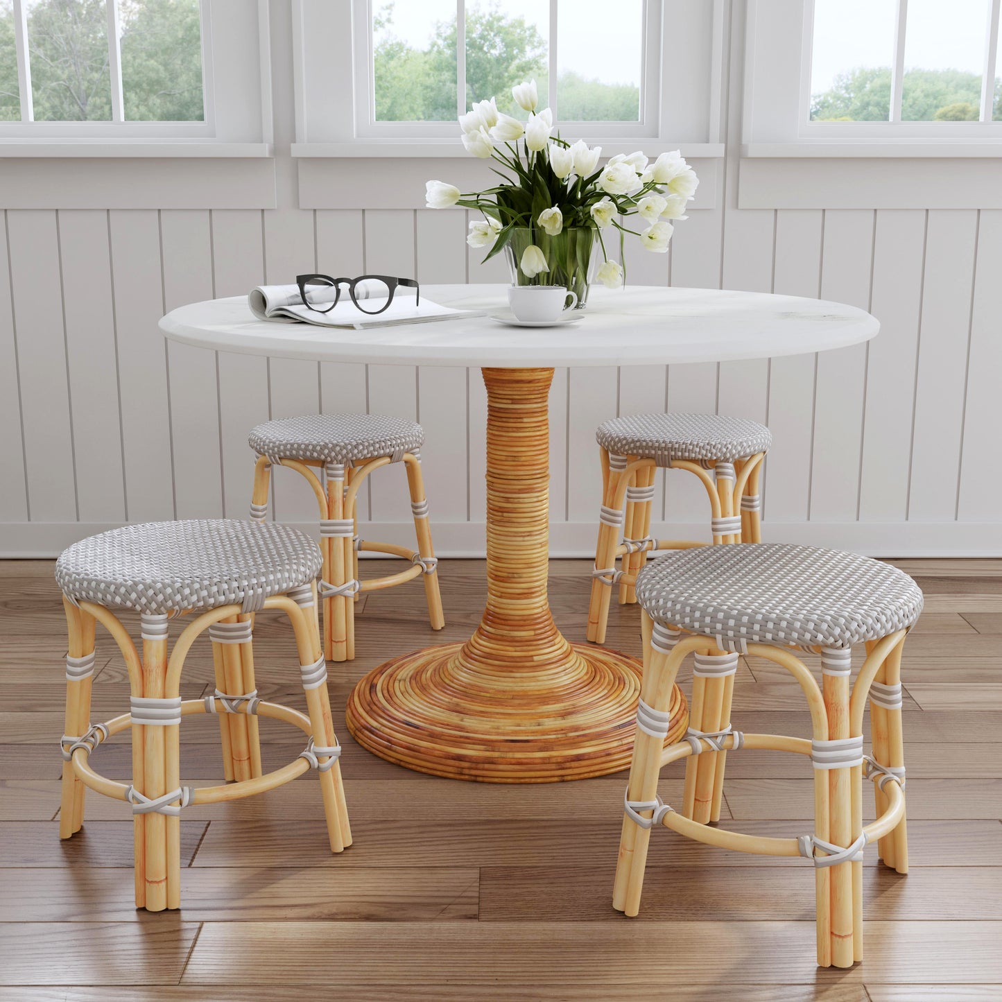 Tobias Rattan Round 18" Stool in Gray and White 5745266