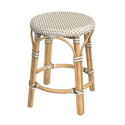 Tobias Rattan Round 18" Stool in White and Tan Dot 5745415