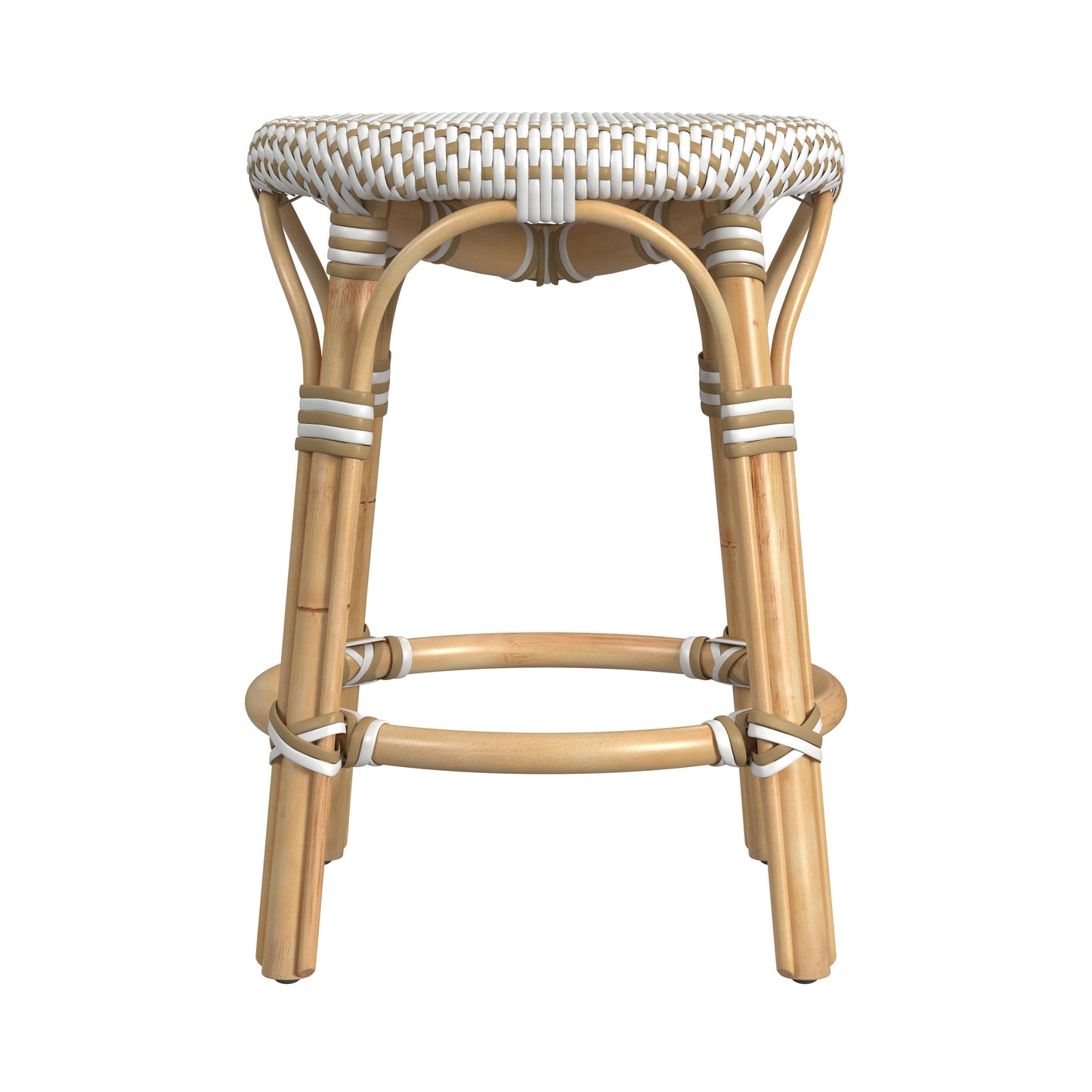 Tobias Rattan Round 18" Stool in White and Tan Dot 5745415