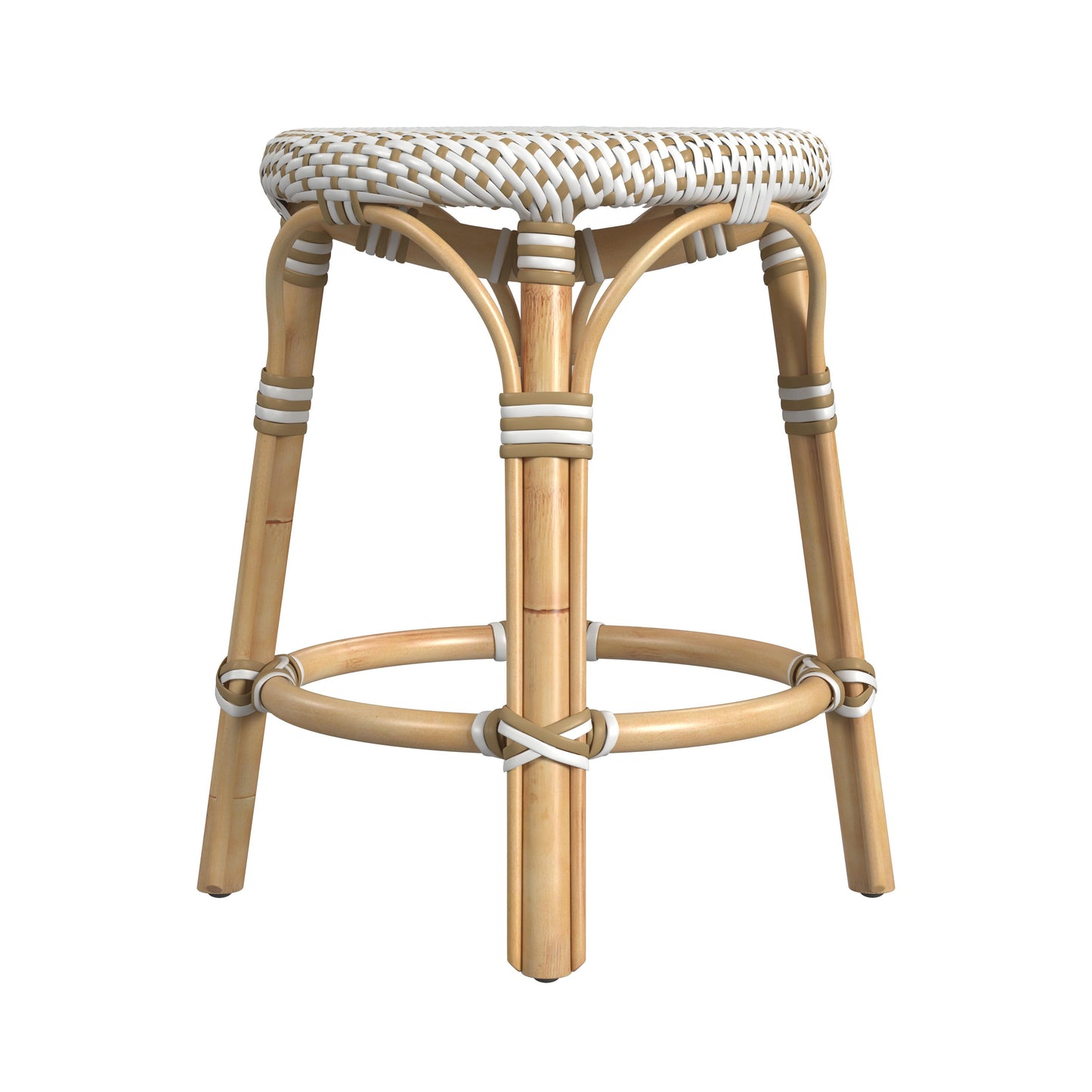 Tobias Rattan Round 18" Stool in White and Tan Dot 5745415