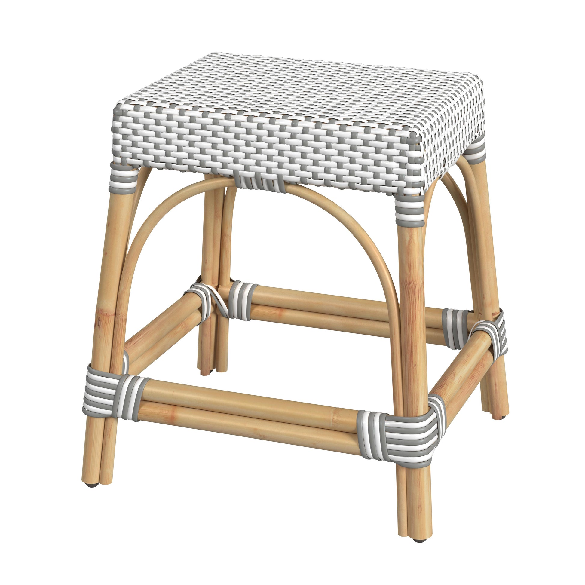Butler Specialty Company Robias 18 in. Seat Height Rectangular Rattan Low Dining Stool, Gray and White Dot