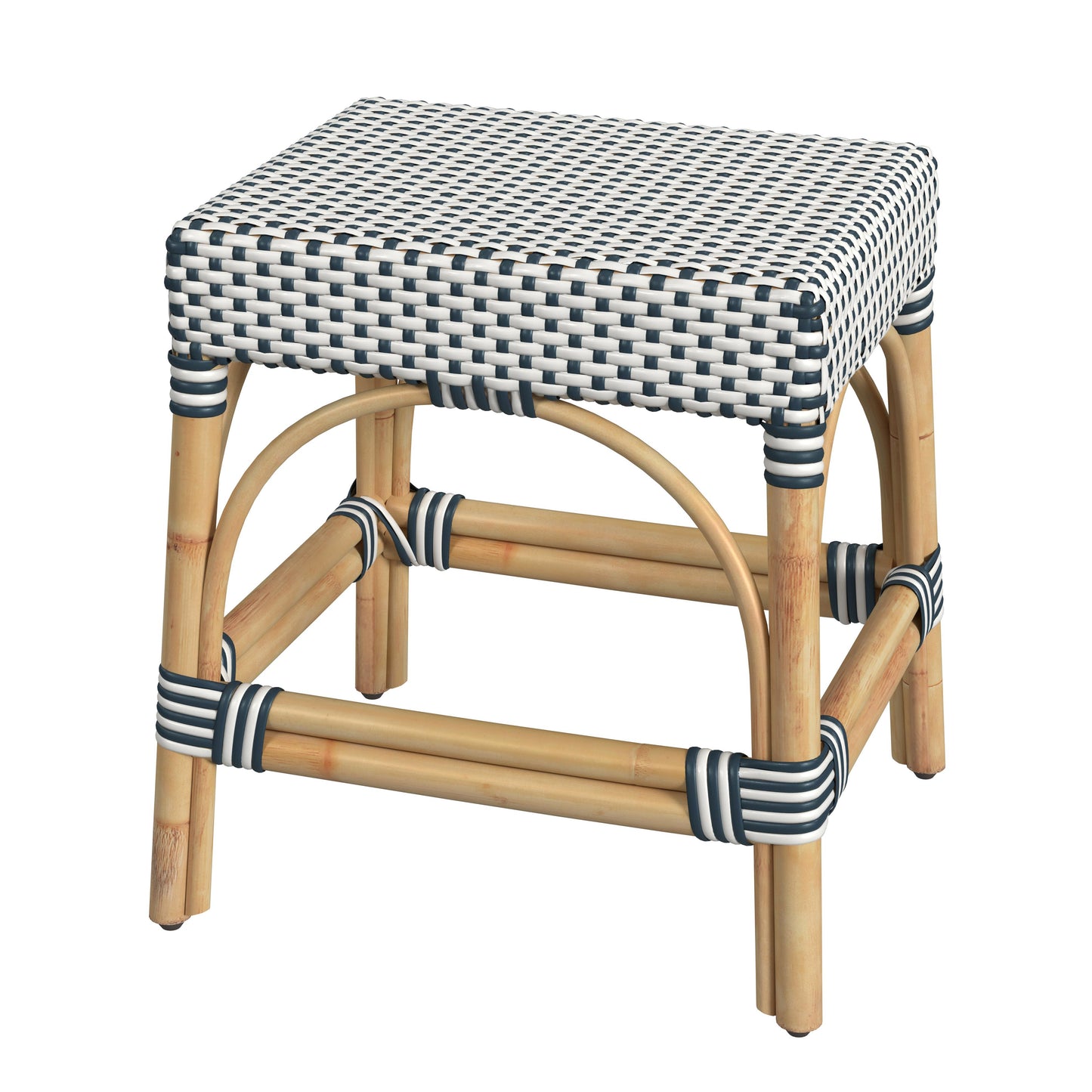 Butler Specialty Company Robias 18 in. Seat Height Rectangular Rattan Low Dining Stool, White and Navy Stripe