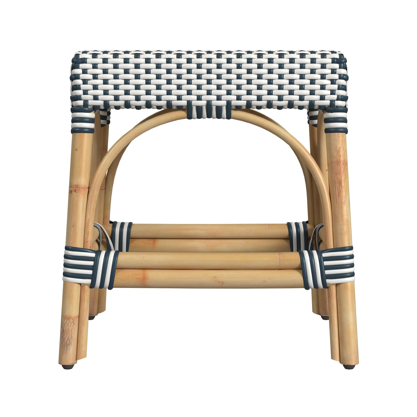 Butler Specialty Company Robias 18 in. Seat Height Rectangular Rattan Low Dining Stool, White and Navy Stripe