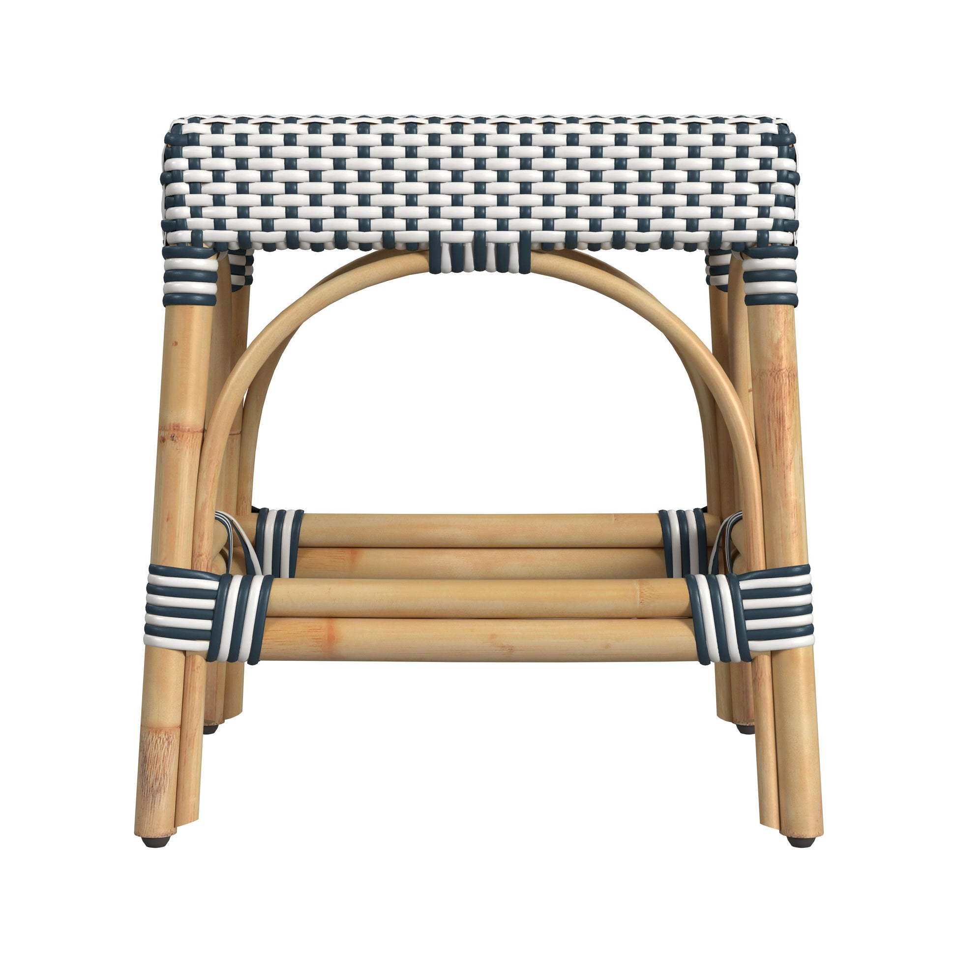 Butler Specialty Company Robias 18 in. Seat Height Rectangular Rattan Low Dining Stool, White and Navy Stripe