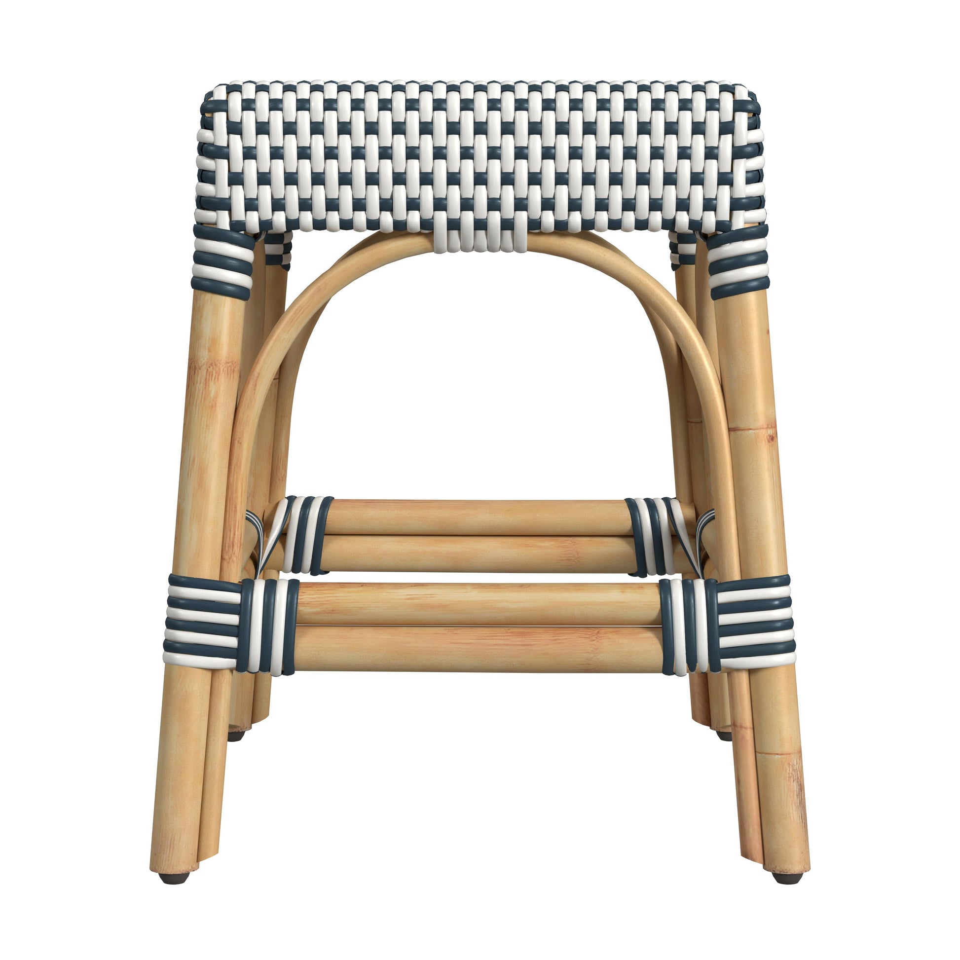 Butler Specialty Company Robias 18 in. Seat Height Rectangular Rattan Low Dining Stool, White and Navy Stripe