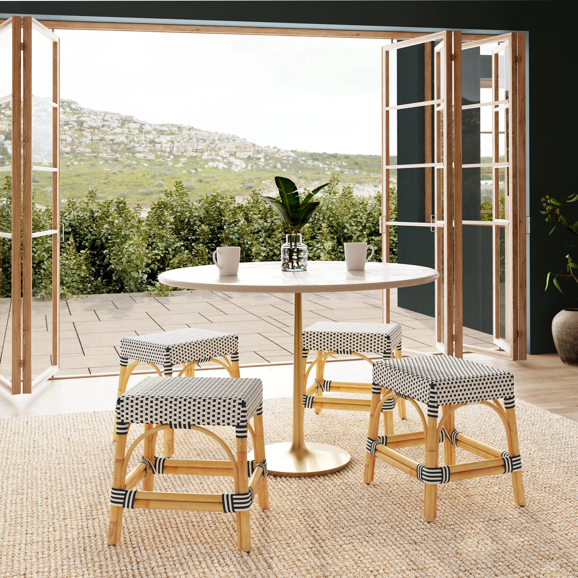 Butler Specialty Company Robias 18 in. Seat Height Rectangular Rattan Low Dining Stool, White and Navy Stripe