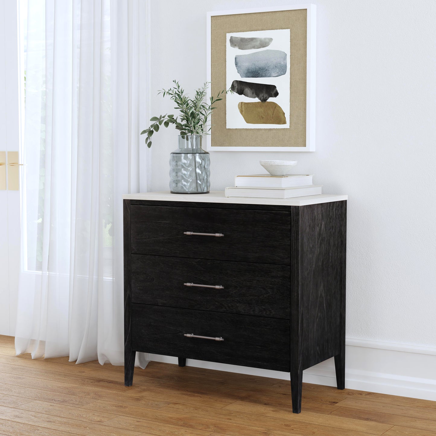 Mayfair 3 Drawer Wood and Marble Chest in Black 5750432