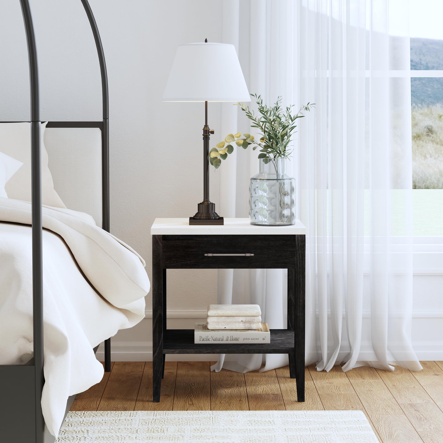 Mayfair 1 Drawer Wood and Marble Nightstand in Black 5751432