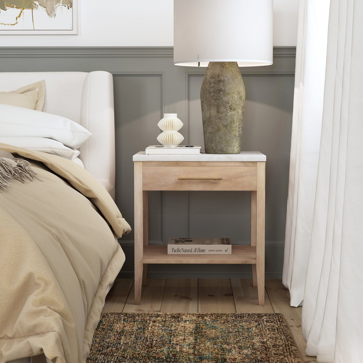 Mayfair 1 Drawer Wood and Marble Nightstand in Light Brown 5751455