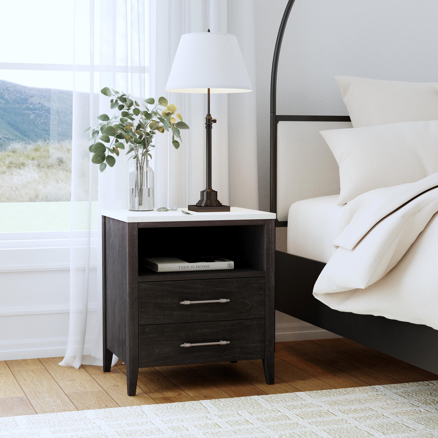 Mayfair 2 Drawer Wood and Marble Nightstand in Black 5752432
