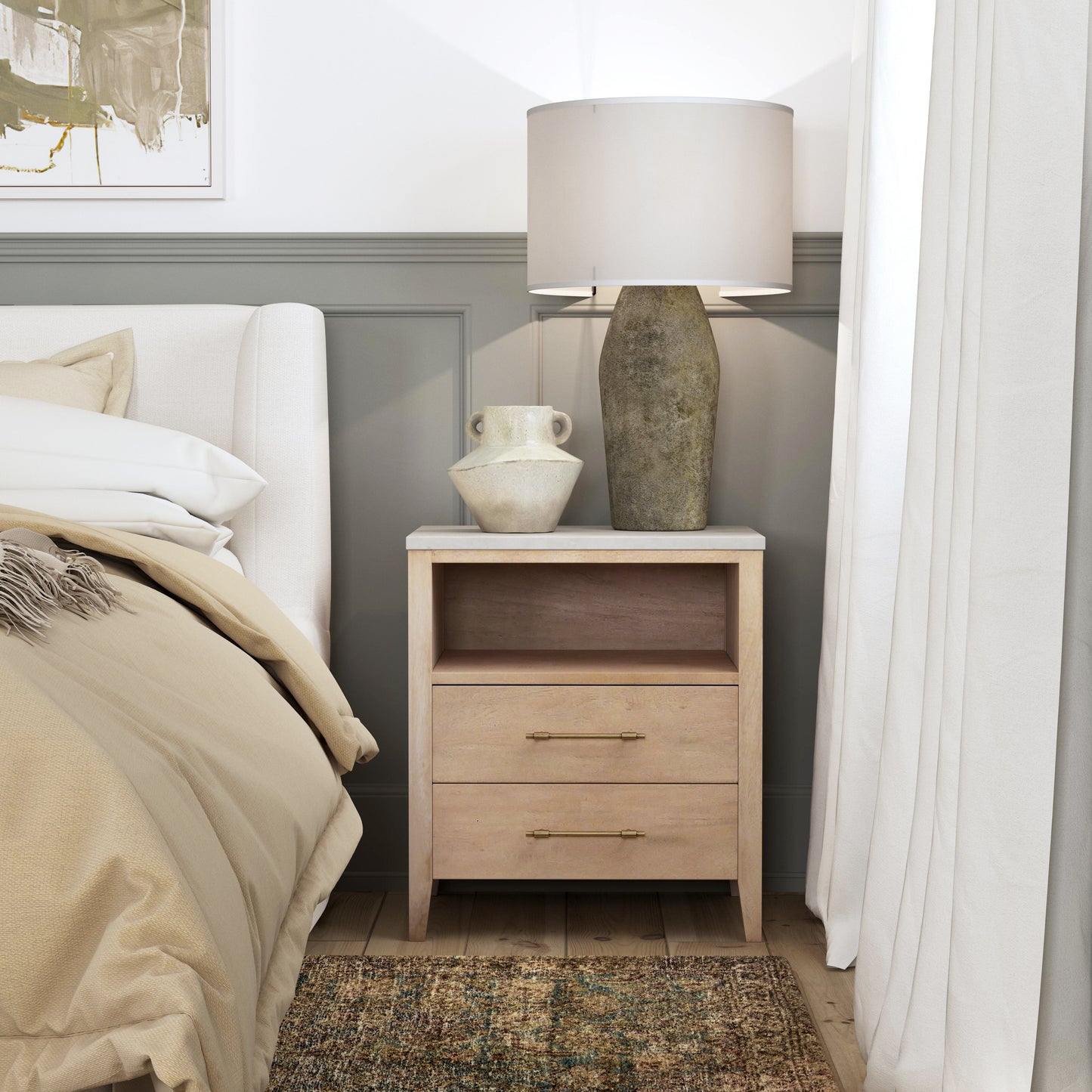 Mayfair 2 Drawer Wood and Marble Nightstand in Light Brown 5752455
