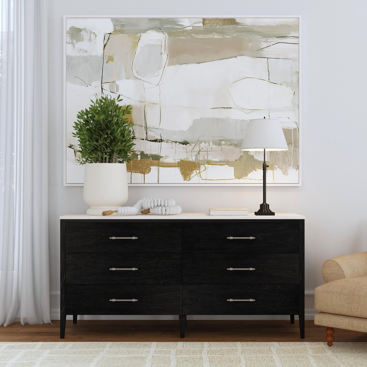 Mayfair 6 Drawer Wood and Marble Dresser in Black 5753432