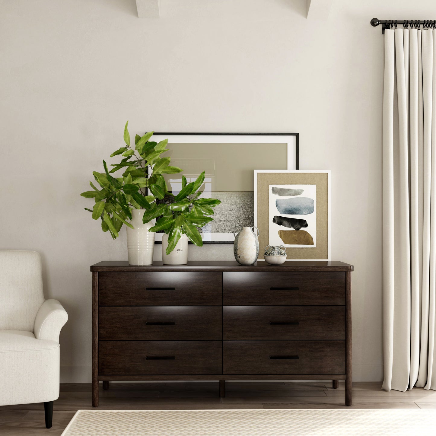 Butler Specialty Company Lennon 60 in. W Rectangular Wood 6 Drawer Rounded Leg Dresser, Brown