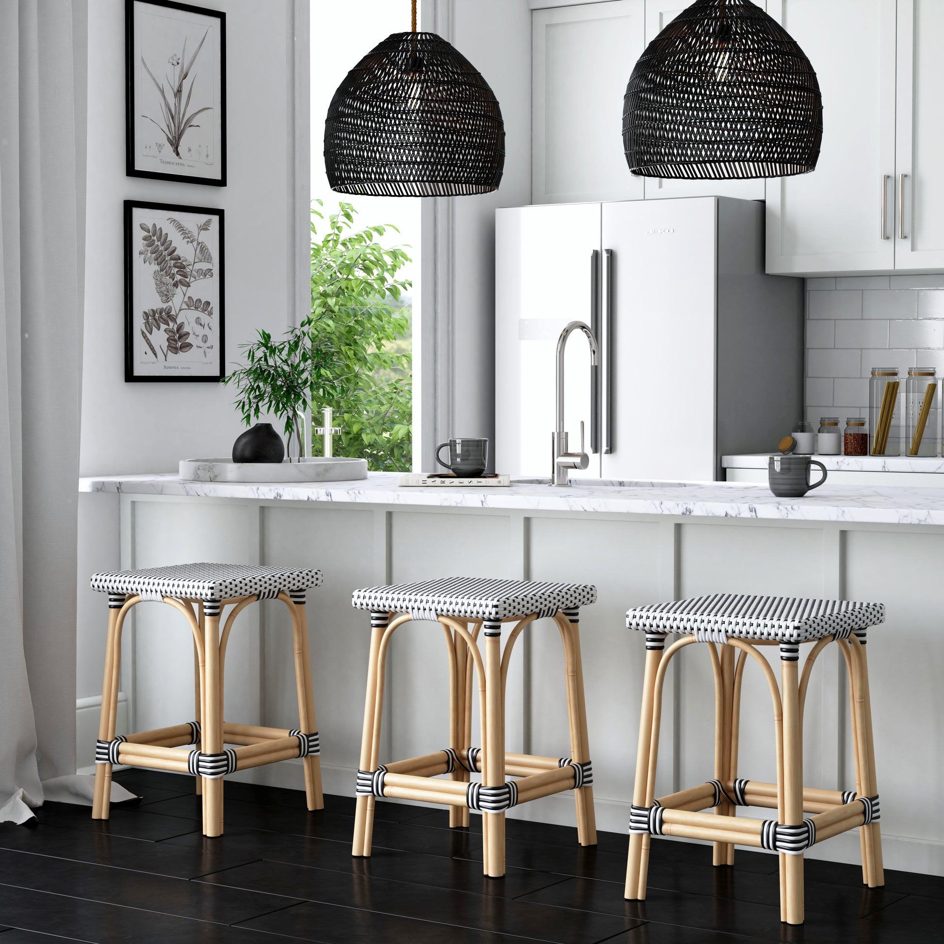 Butler Specialty Company Riviera 24 in. Seat Height Square Rattan Backless Counter Stool, Black and White
