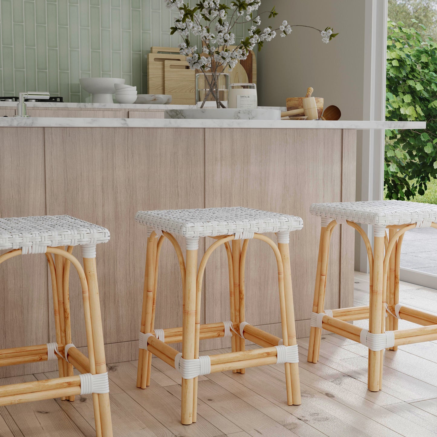 Butler Specialty Company Riviera 24 in. Seat Height Square Rattan Backless Counter Stool, Glossy White