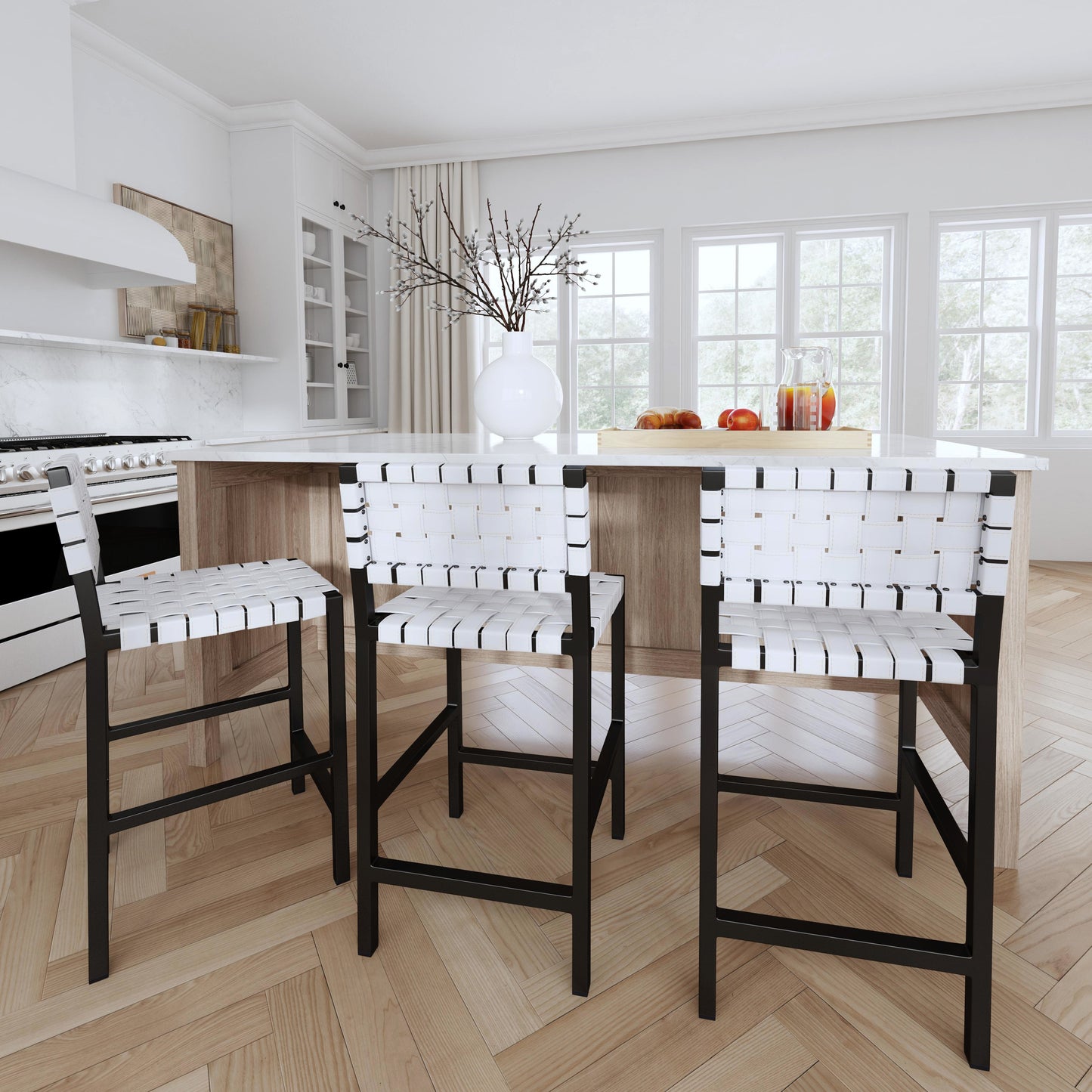 Butler Specialty Company Bromley 24.5 in. Seat Height Iron and Leather Counter Stool with Back, White