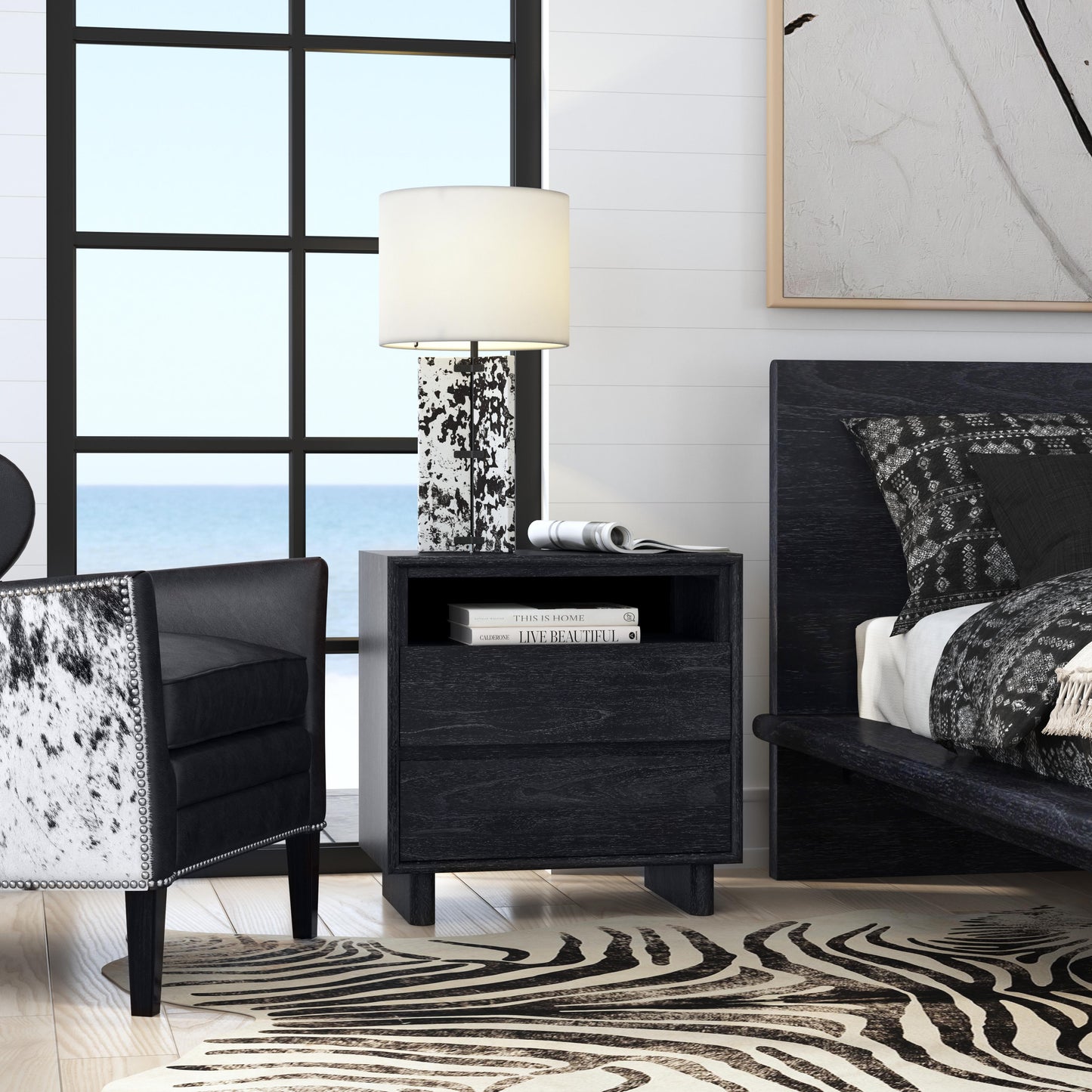 Halmstad Wood Panel 2 Drawer Nightstand in Black 5768432