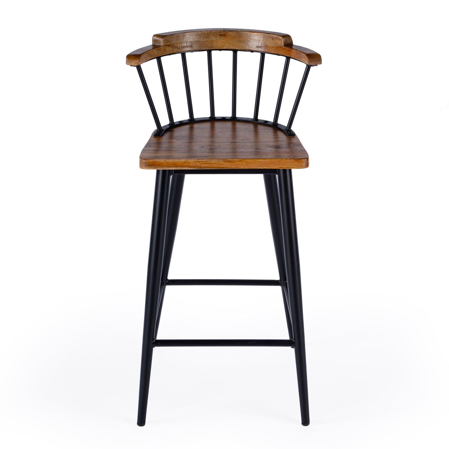 Butler Specialty Company Merrick 30 in. Seat Height Wood and Iron Bar Stool with Spindle Back and Footrest, Brown