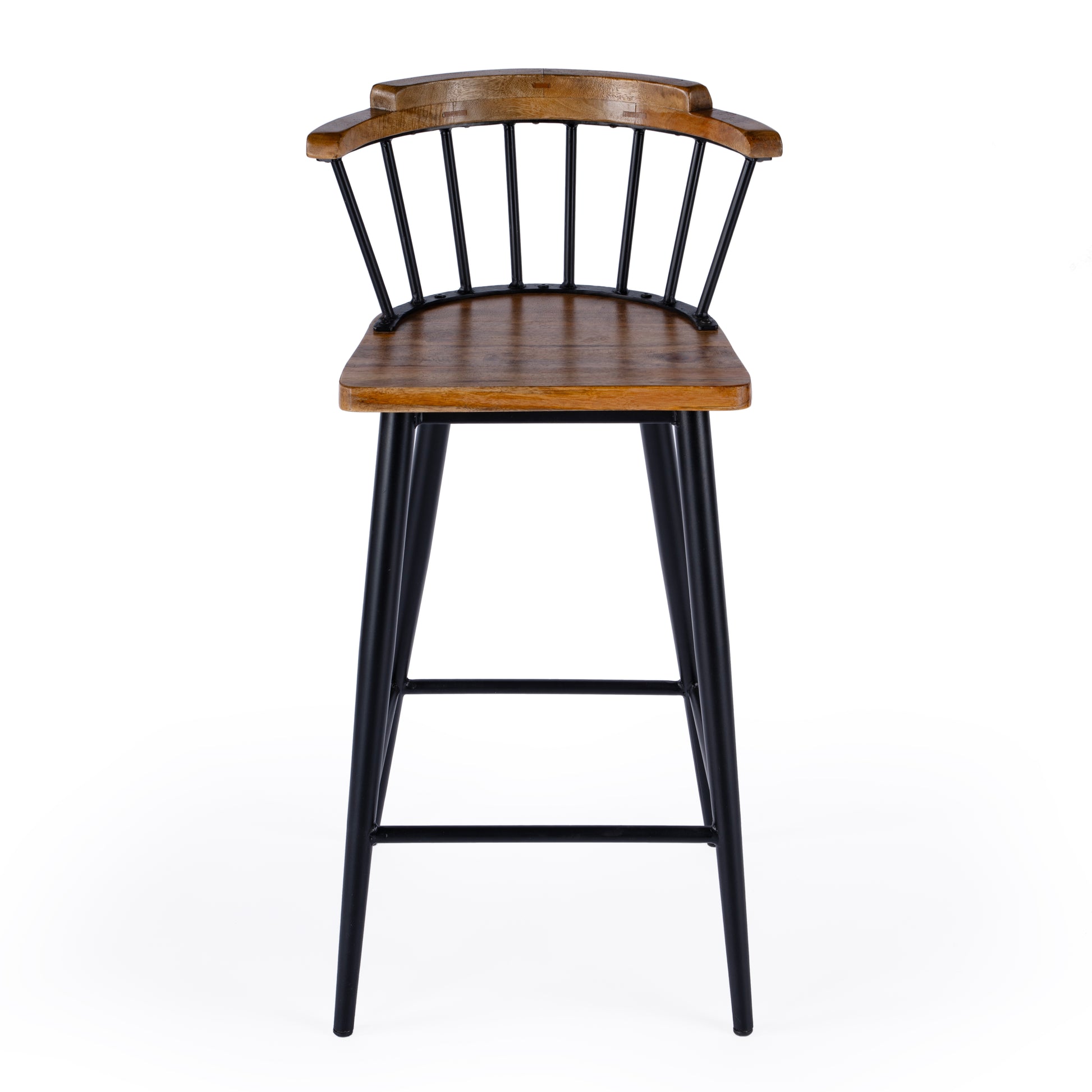 Butler Specialty Company Merrick 30 in. Seat Height Wood and Iron Bar Stool with Spindle Back and Footrest, Brown