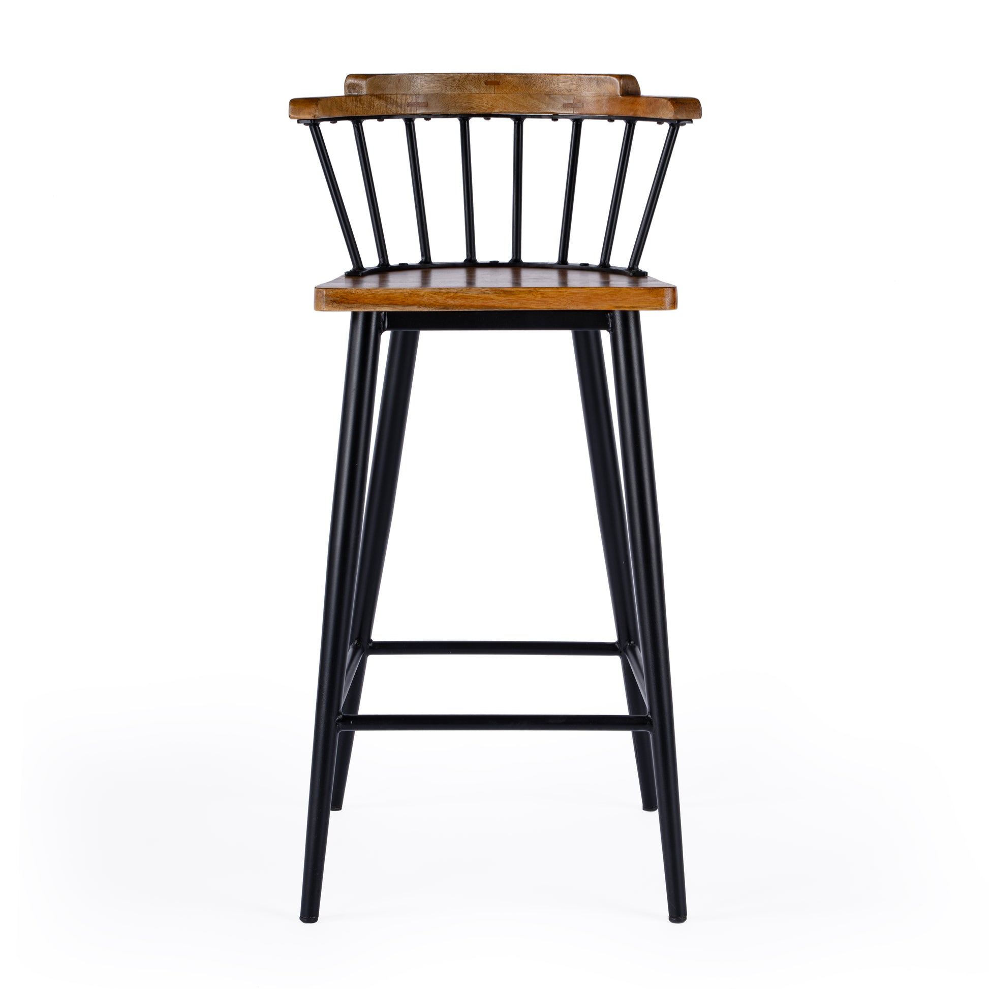 Butler Specialty Company Merrick 30 in. Seat Height Wood and Iron Bar Stool with Spindle Back and Footrest, Brown