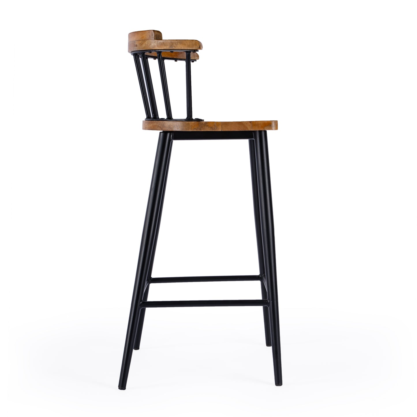 Butler Specialty Company Merrick 30 in. Seat Height Wood and Iron Bar Stool with Spindle Back and Footrest, Brown