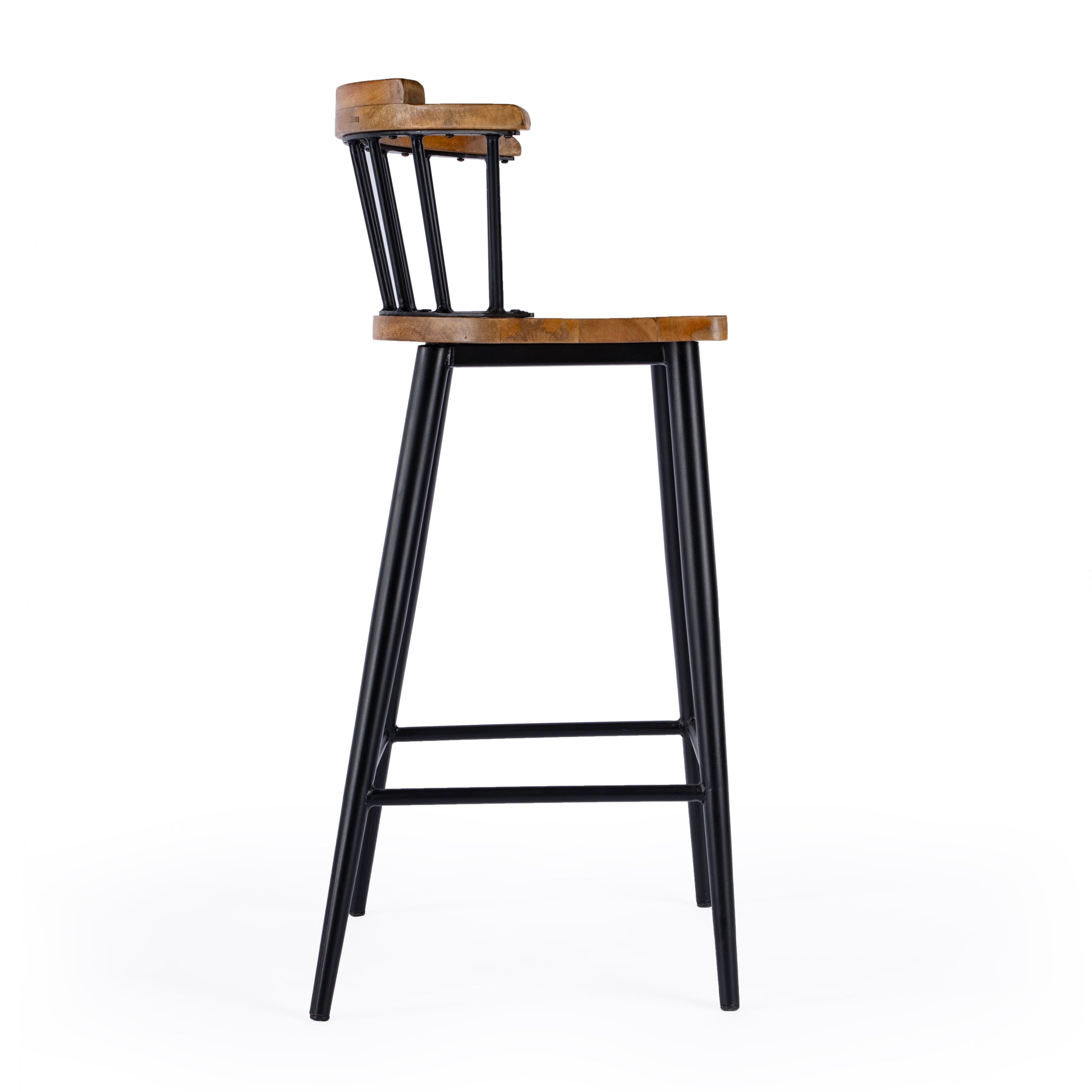 Butler Specialty Company Merrick 30 in. Seat Height Wood and Iron Bar Stool with Spindle Back and Footrest, Brown